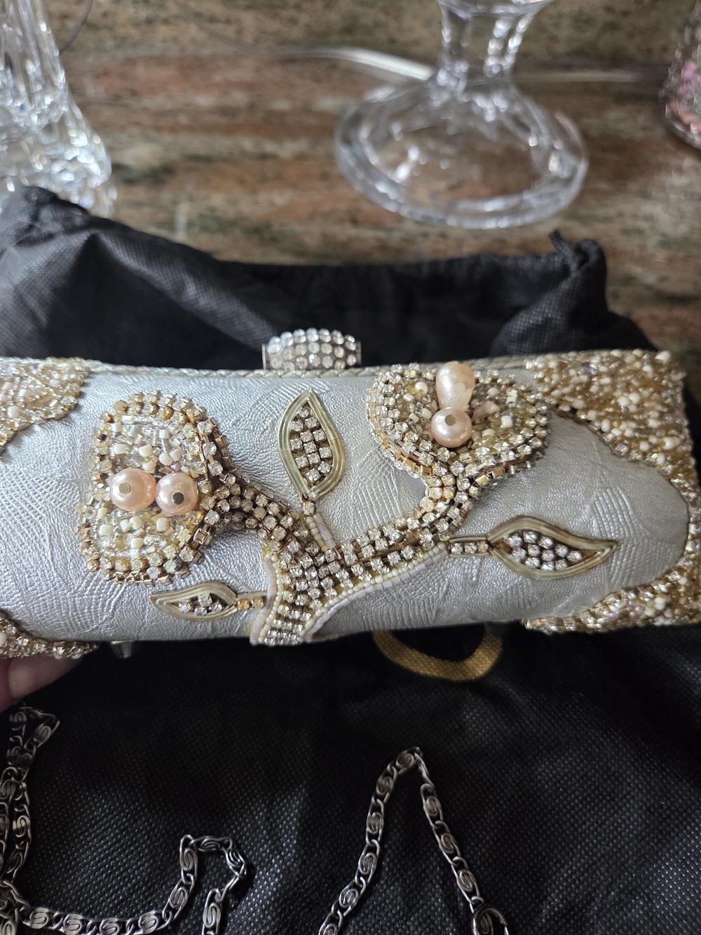 Mary Frances Vintage Silver Beaded Floral Evening Clutch